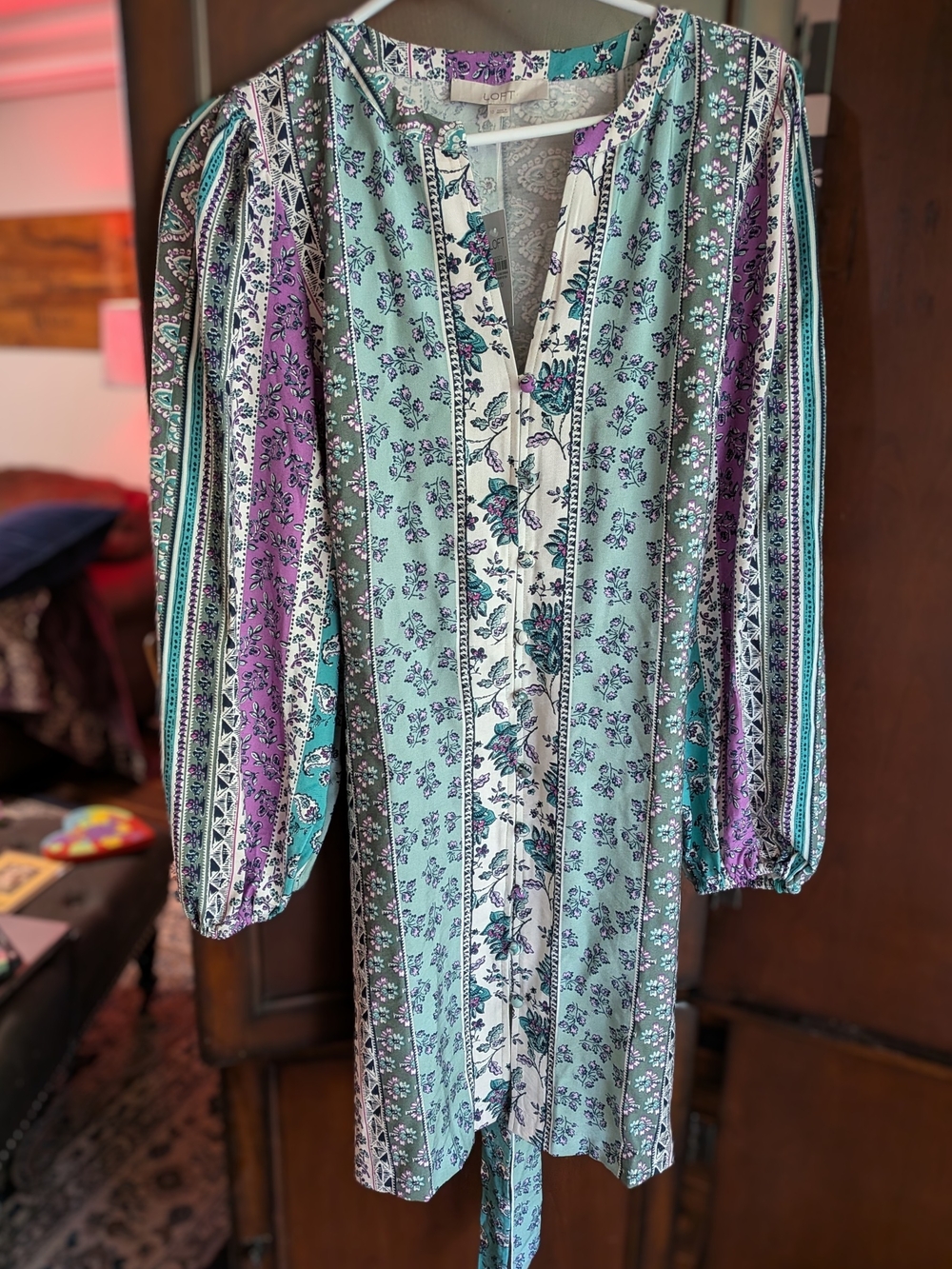 LOFT Long Sleeve Floral Tunic Dress in Mint, Purple, Teal